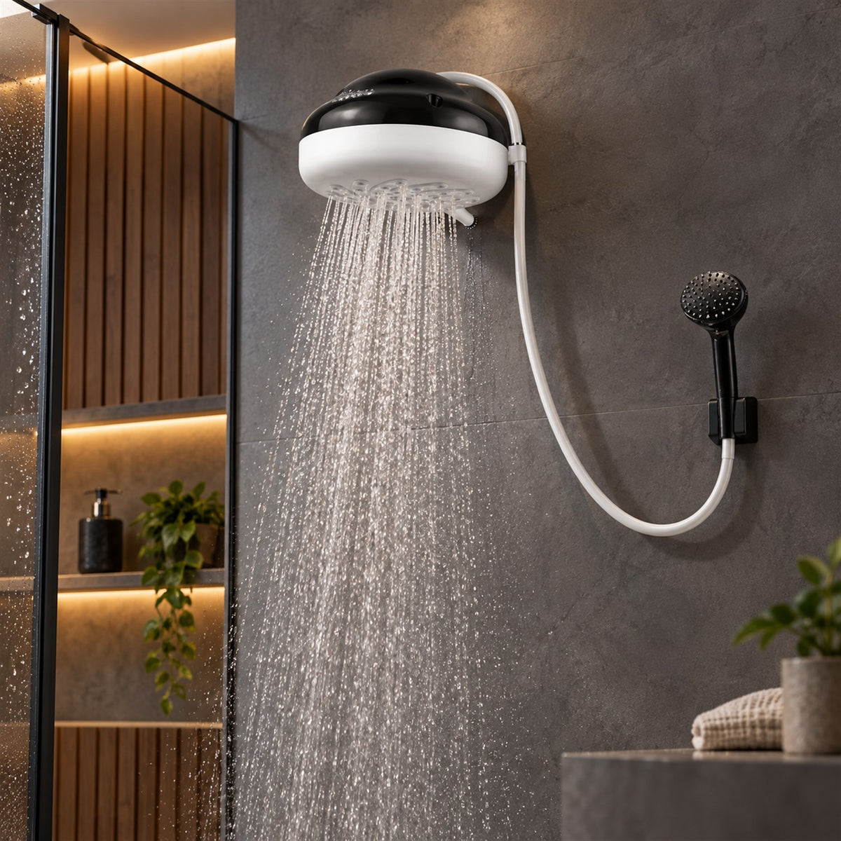 Ducha Premium Zent negra instalada y funcionando
