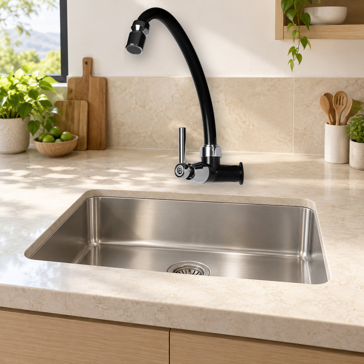 Llave sencilla de pared Onyx en ABS negro instalada en cocina clara
