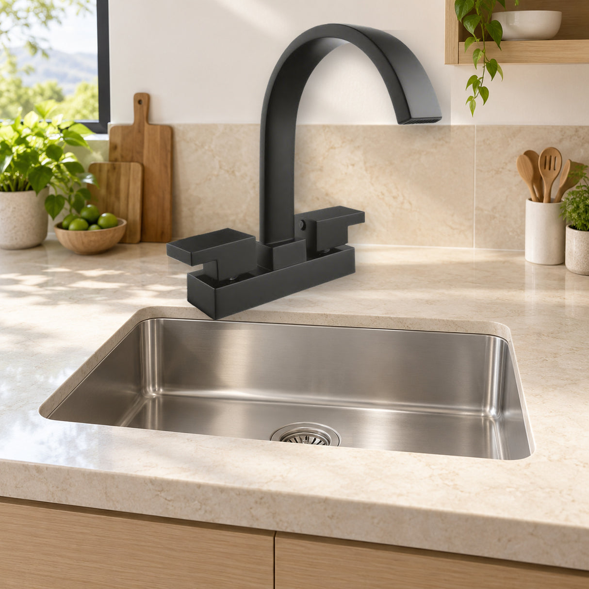 Mezclador Onyx de 4 pulgadas en ABS con cuello de acero negro instalado en ambiente claro