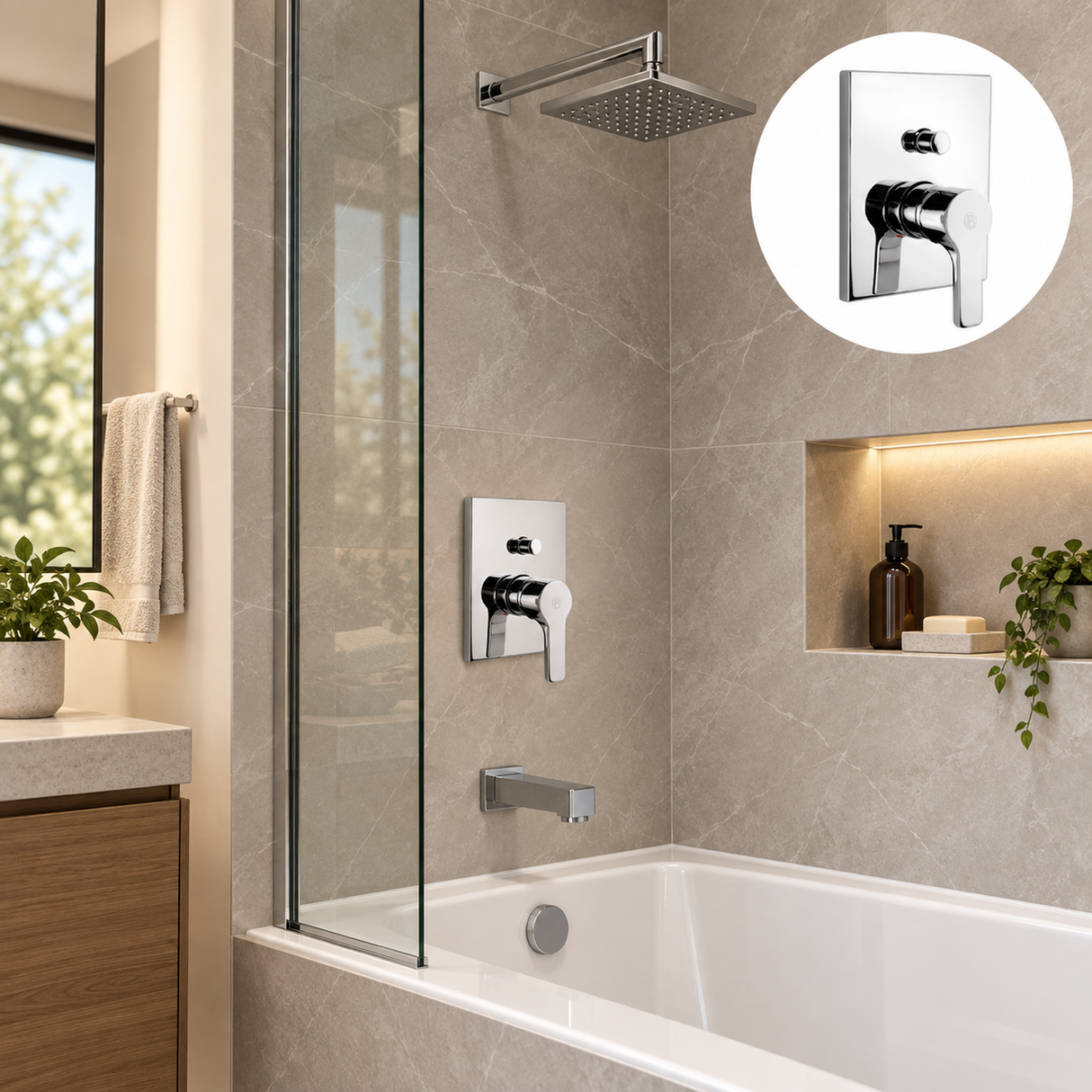 Registro monocontrol para ducha y tina con desviador cromado instalado en baño moderno