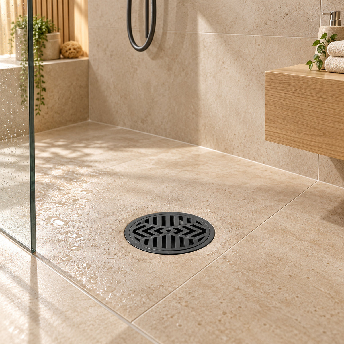Rejilla De Piso En PVC Negra Con Diseño Radial 3 × 1,5 cm - ambientación principal