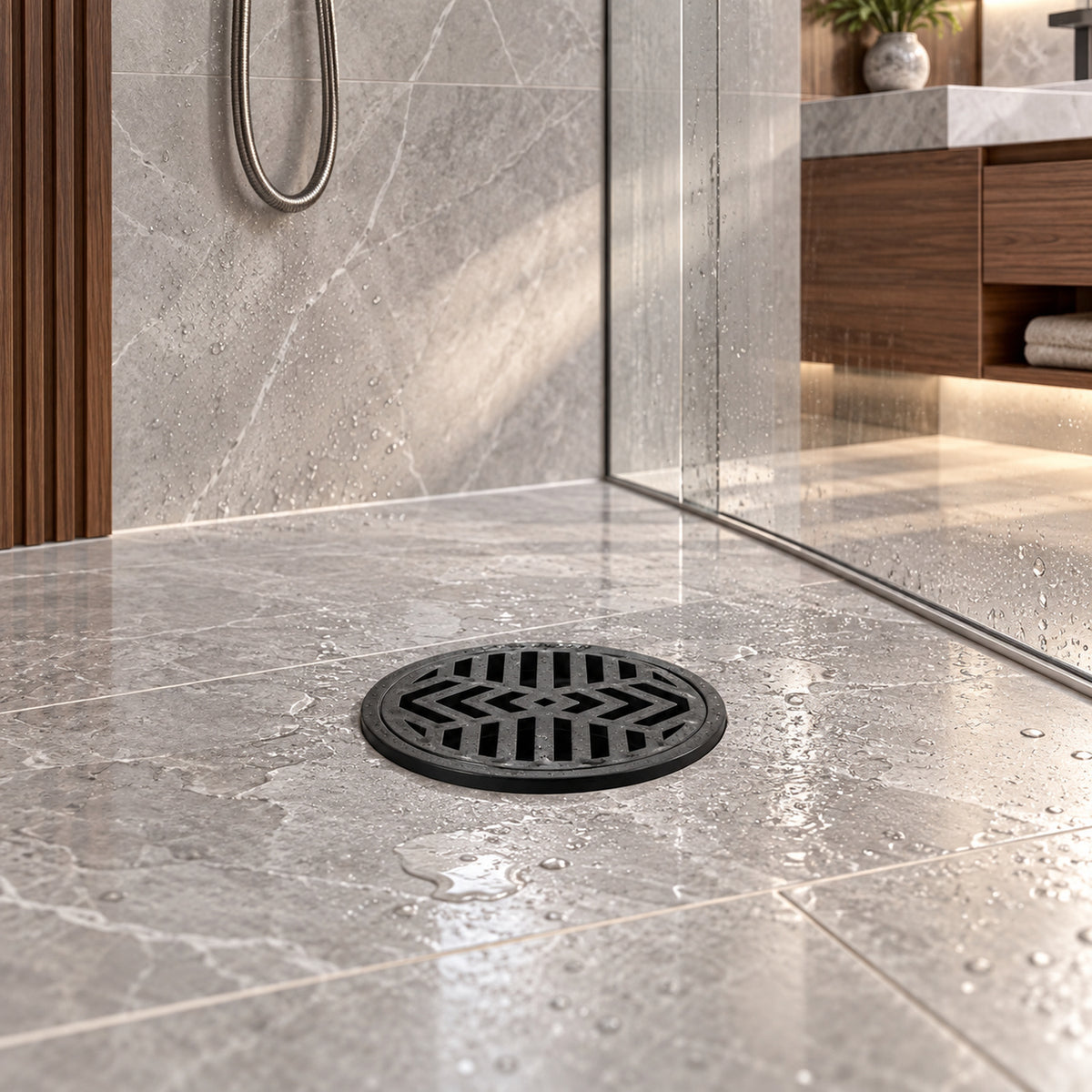 Rejilla De Piso En PVC Negra Con Diseño Radial 4 × 3 cm - ambientación principal