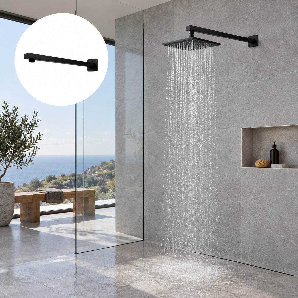 Tubo cuadrado negro para regadera instalado en baño contemporáneo