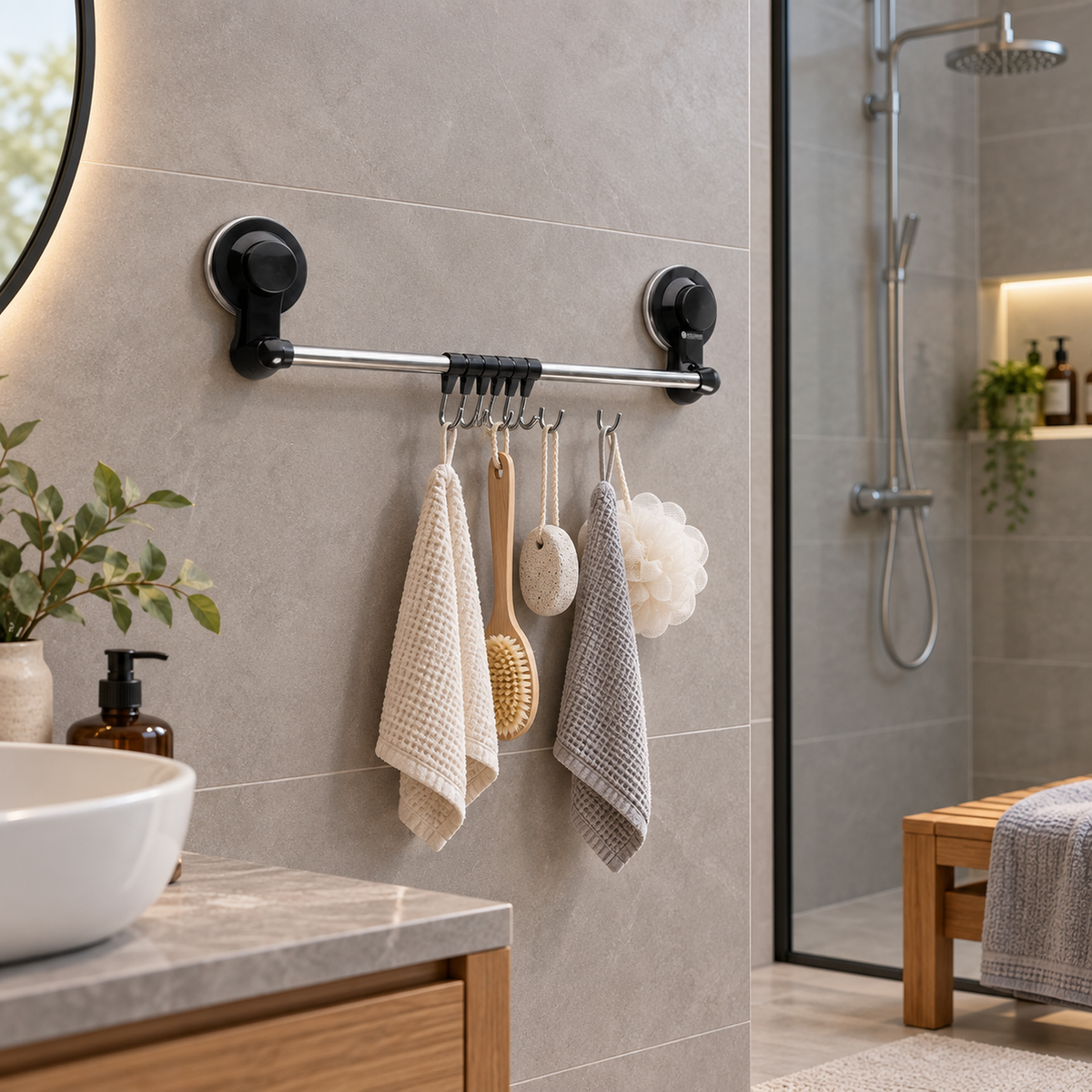 Toallero de barra con ganchos instalado en un baño contemporáneo