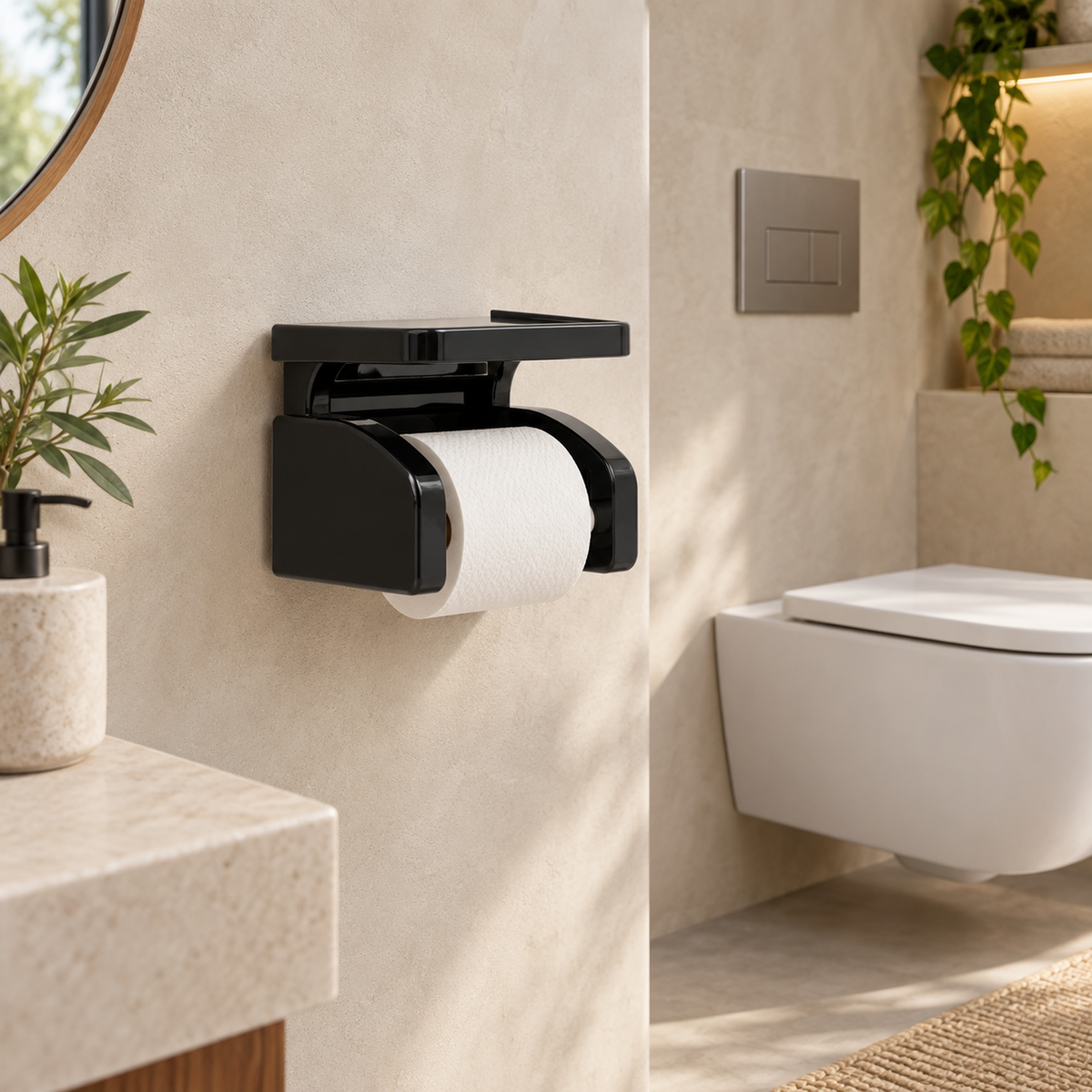 Portarrollos de baño con ventosa instalado en un baño contemporáneo