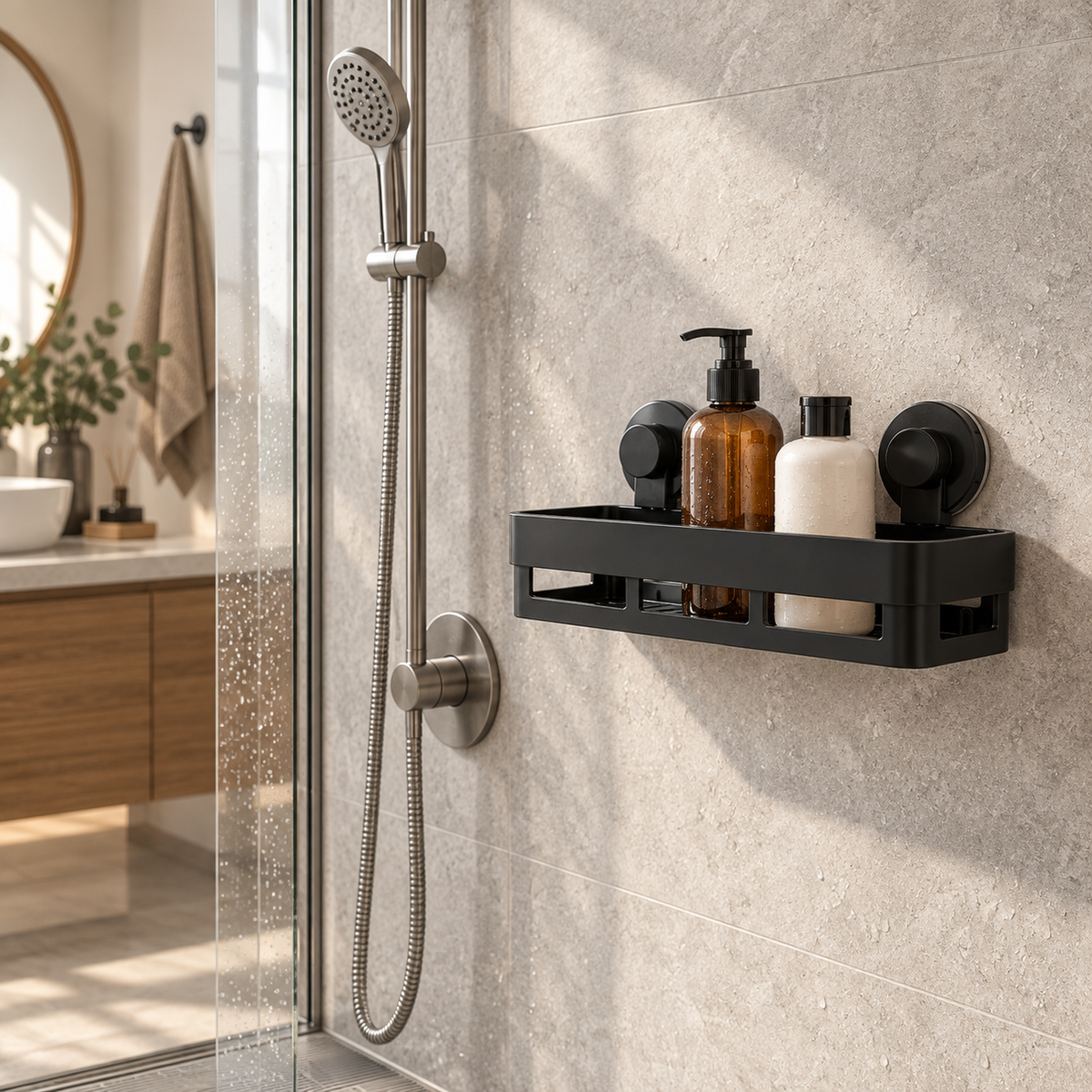 Organizador rectangular de baño instalado en un baño contemporáneo