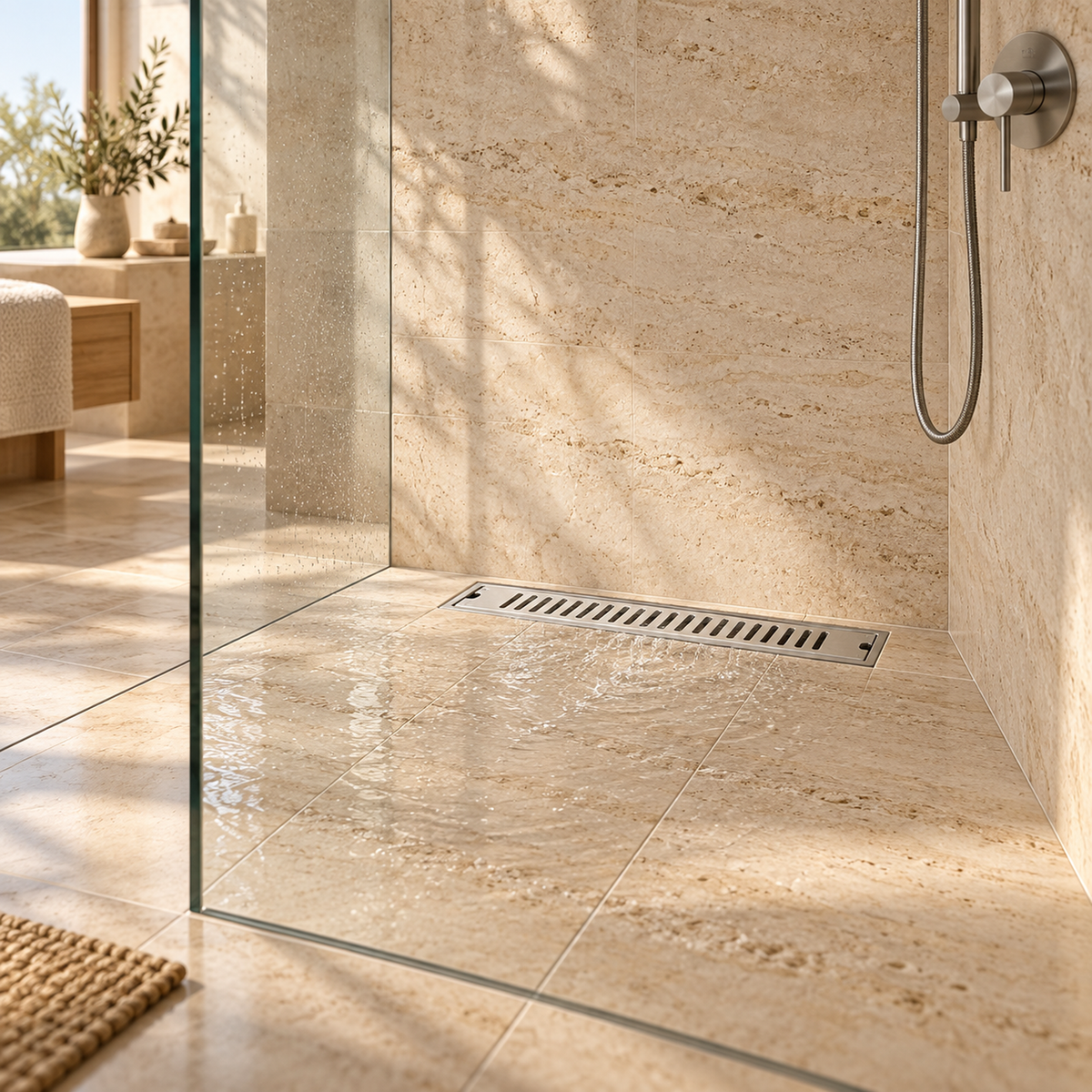 rejilla ranurada de piso en acero plateado de 10 por 30 centímetros instalada en baño contemporáneo, vista amplia