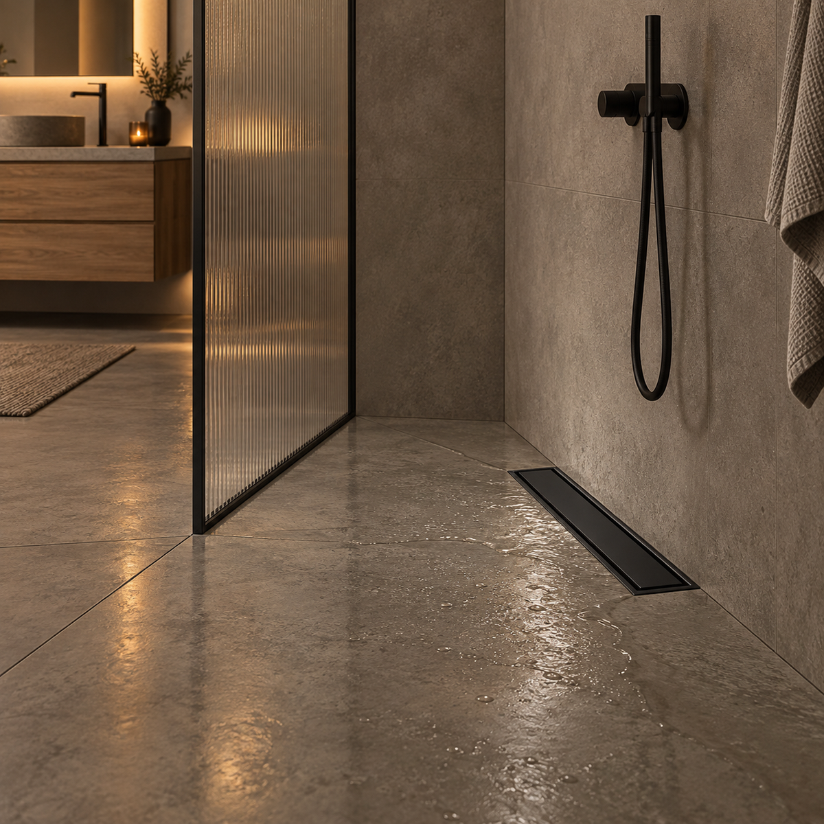 rejilla invisible de piso en acero negro de 10 por 40 centímetros instalada en baño contemporáneo, vista amplia