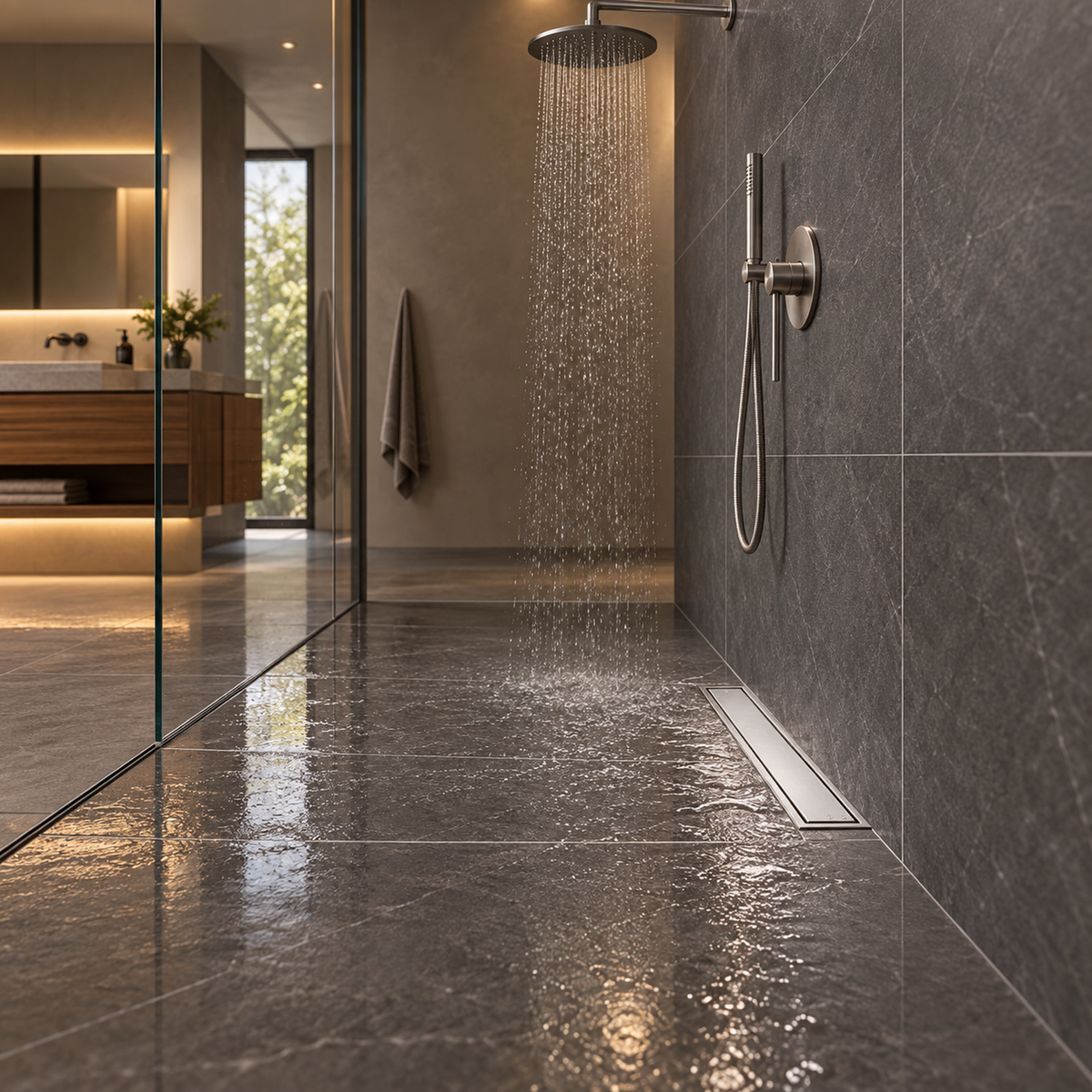rejilla invisible de piso en acero plateado de 10 por 40 centímetros instalada en baño contemporáneo, vista amplia
