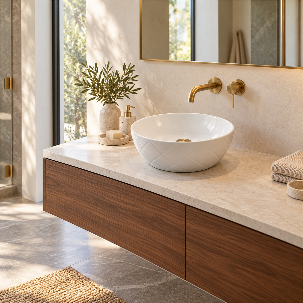 Lavamanos Argyle blanco de sobreponer instalado en baño; grifería, desagüe y muebles de ambientación no incluidos.