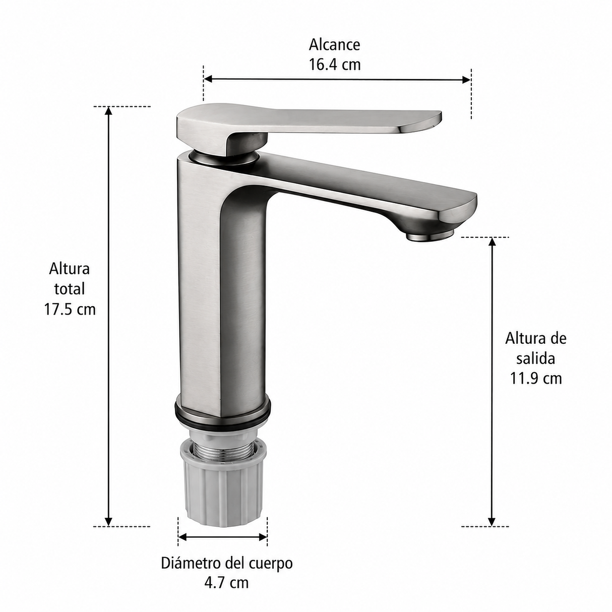Medidas de la grifería monocontrol Kassel gunmetal: 17,5 cm de alto, 16,4 cm de alcance y 11,9 cm de altura de salida