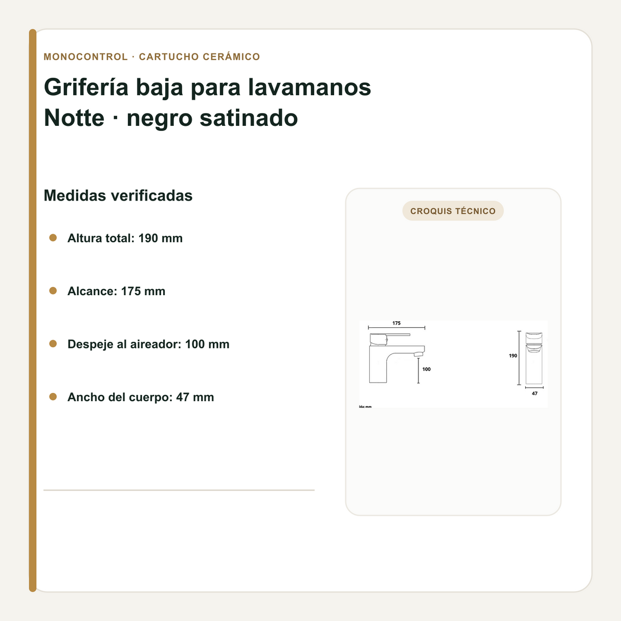 Altura, alcance y despeje de la grifería baja para lavamanos