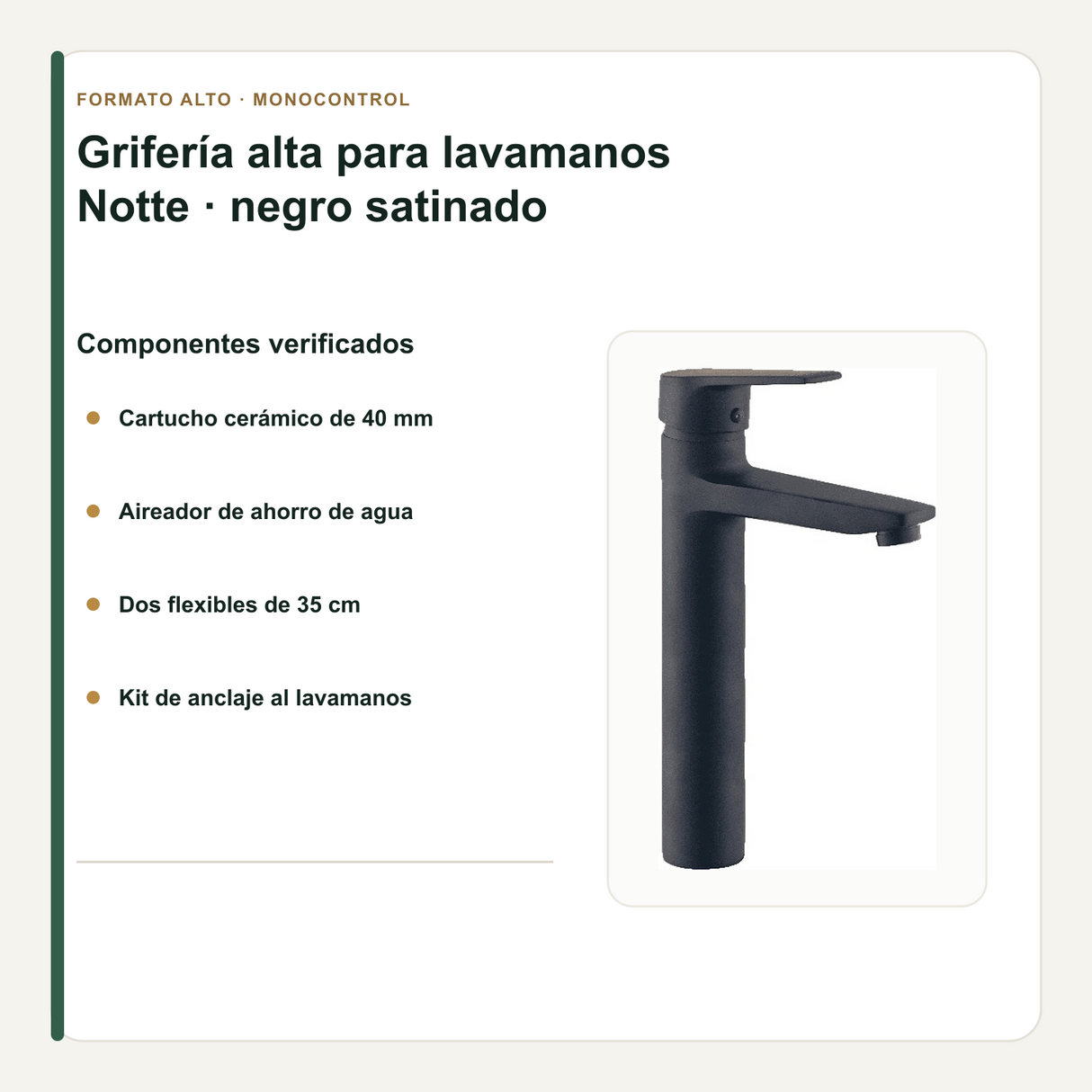 Cartucho, flexibles y kit de anclaje incluidos con la grifería