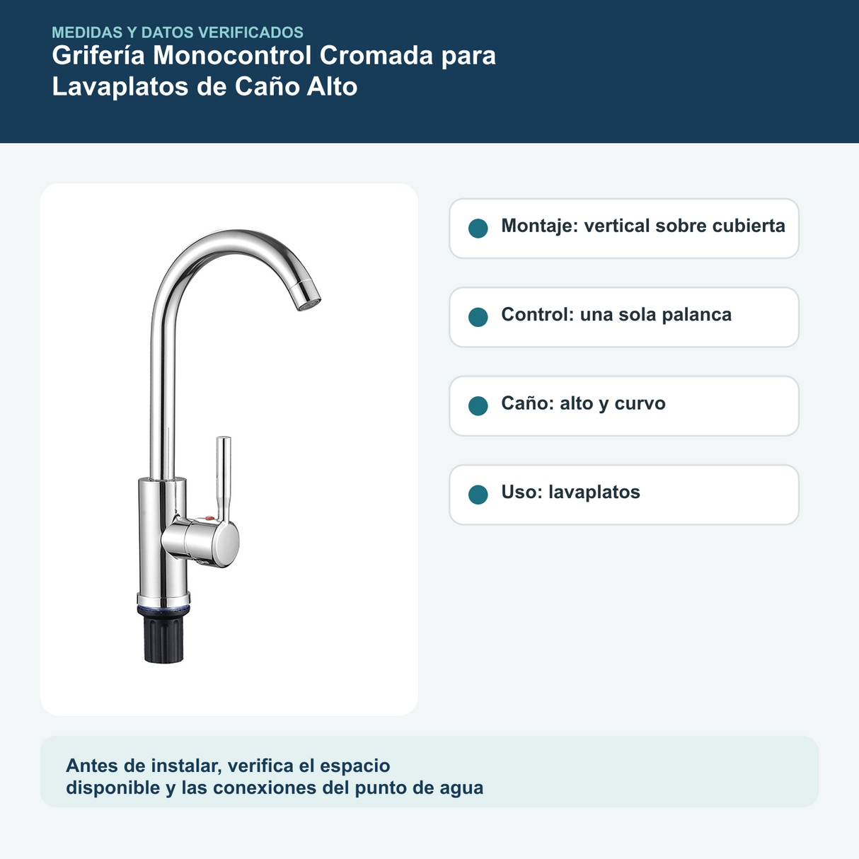 Medidas y datos verificados del grifería monocontrol cromada para lavaplatos de caño alto