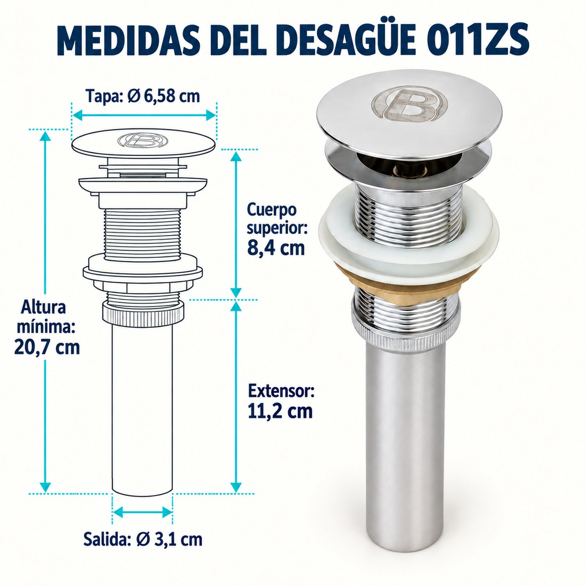 Medidas del desagüe 011ZS según ficha Boccherini: tapa 6,58 cm, cuerpo 8,4 cm, extensor 11,2 cm, salida 3,1 cm y altura mínima ilustrada 20,7 cm