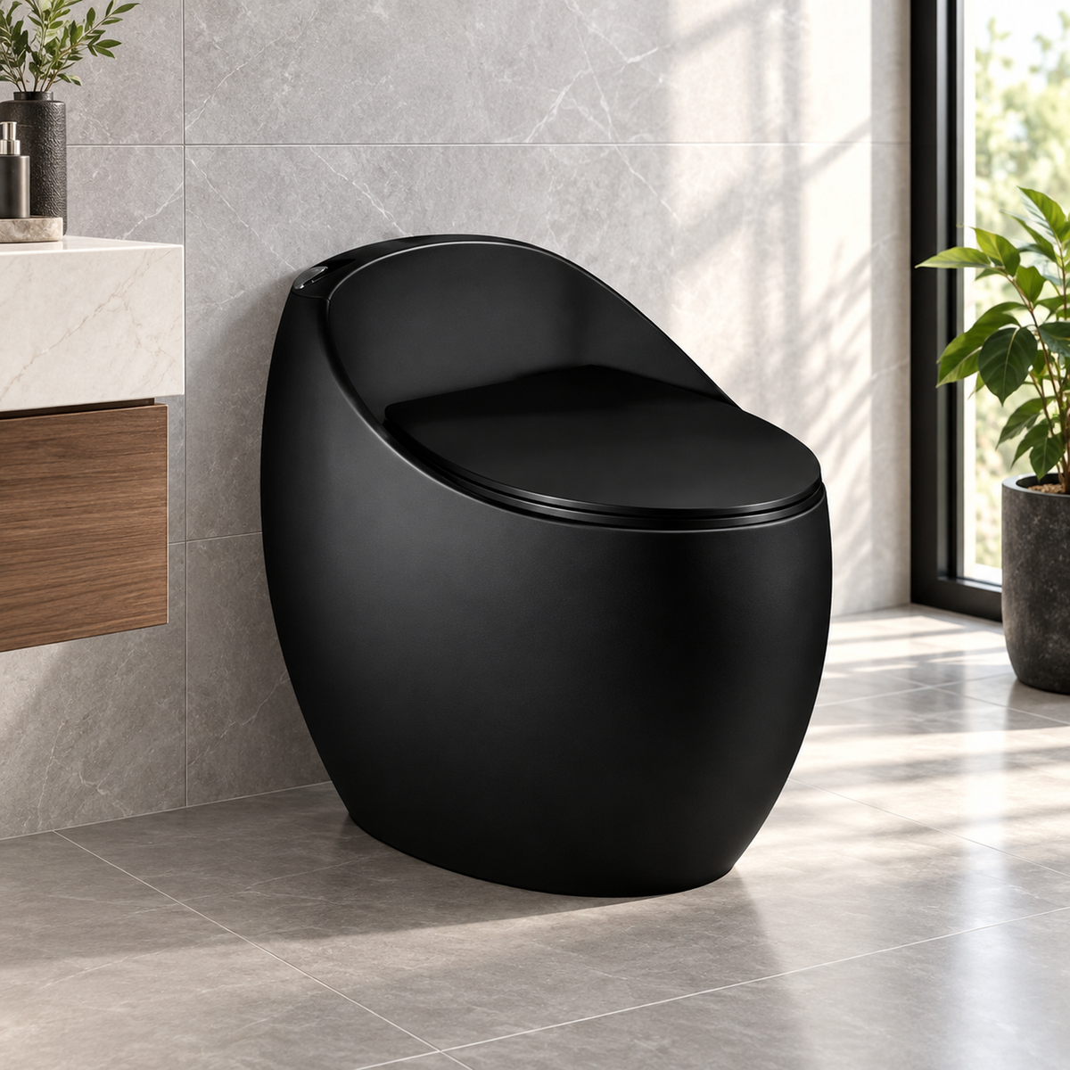 Sanitario One Piece negro mate 1010N en baño, vista cercana
