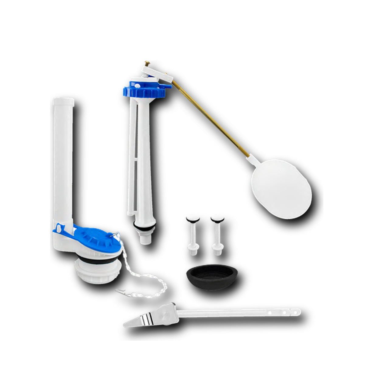 Kit sanitario de 10 pulgadas con palanca cromada sobre fondo blanco