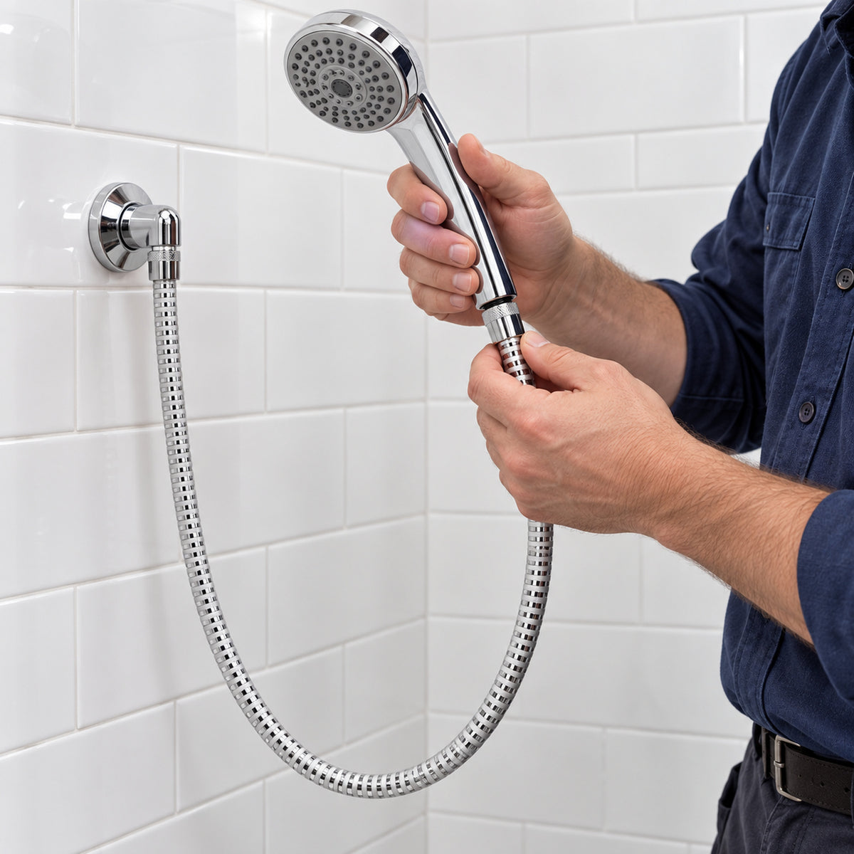 Acercamiento instalado con persona — Manguera Flexible en PVC para Teleducha de 1,5 m Cromada