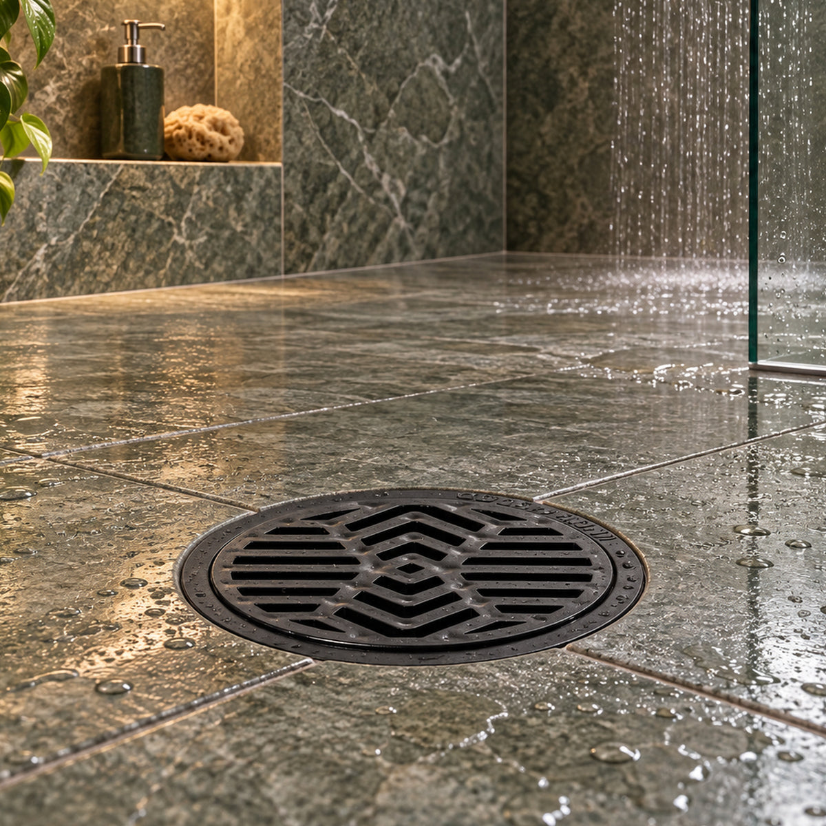 Rejilla De Piso En PVC Negra Con Diseño Radial 3 × 2 cm - ambientación cercana