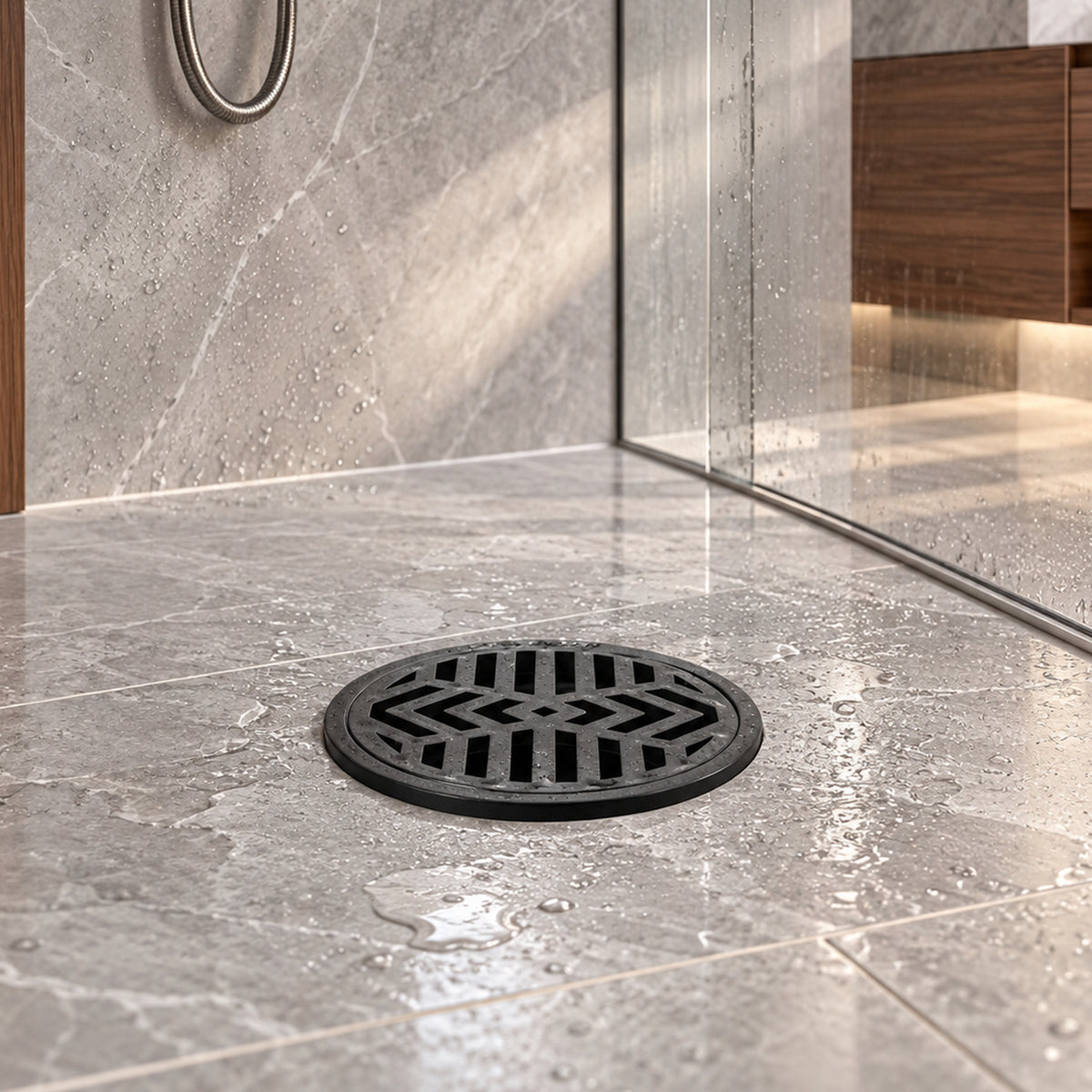Rejilla De Piso En PVC Negra Con Diseño Radial 4 × 3 cm - ambientación cercana