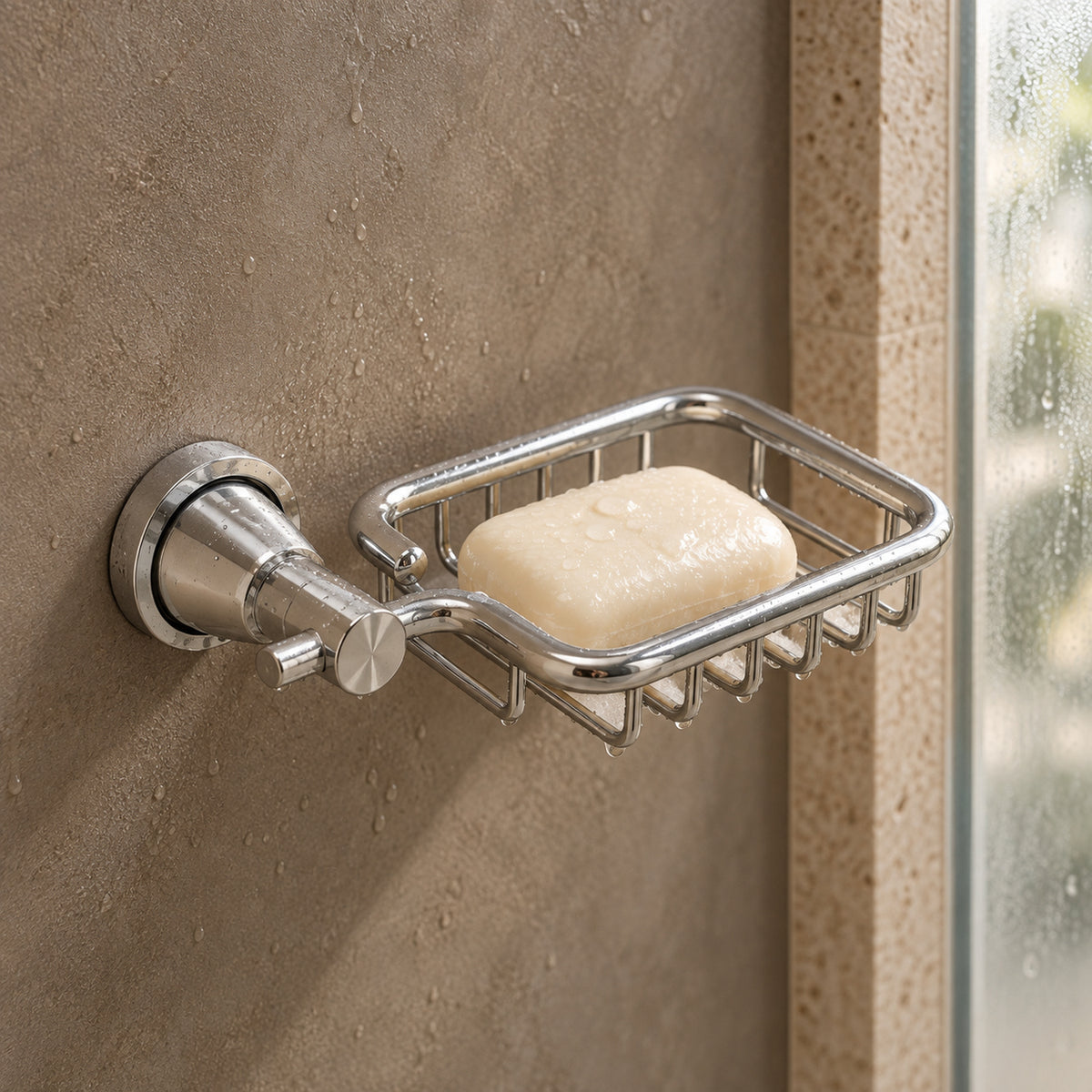 Jabonera de rejilla en aluminio cromado con base redonda ambientada en baño, vista cercana
