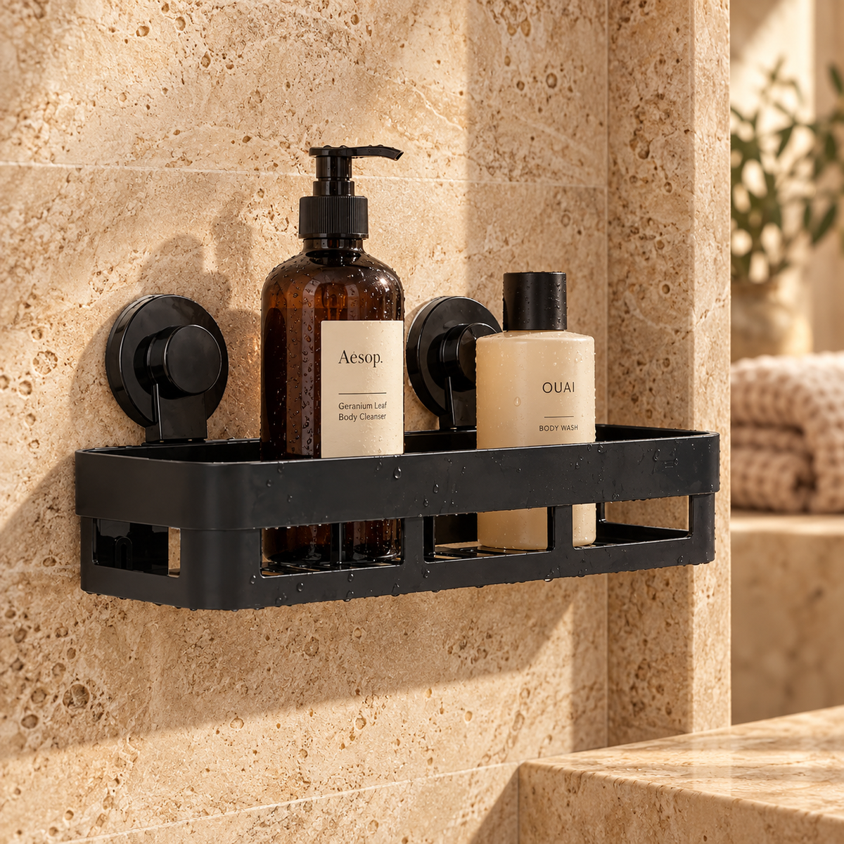Vista cercana de organizador rectangular de baño instalado con escala realista