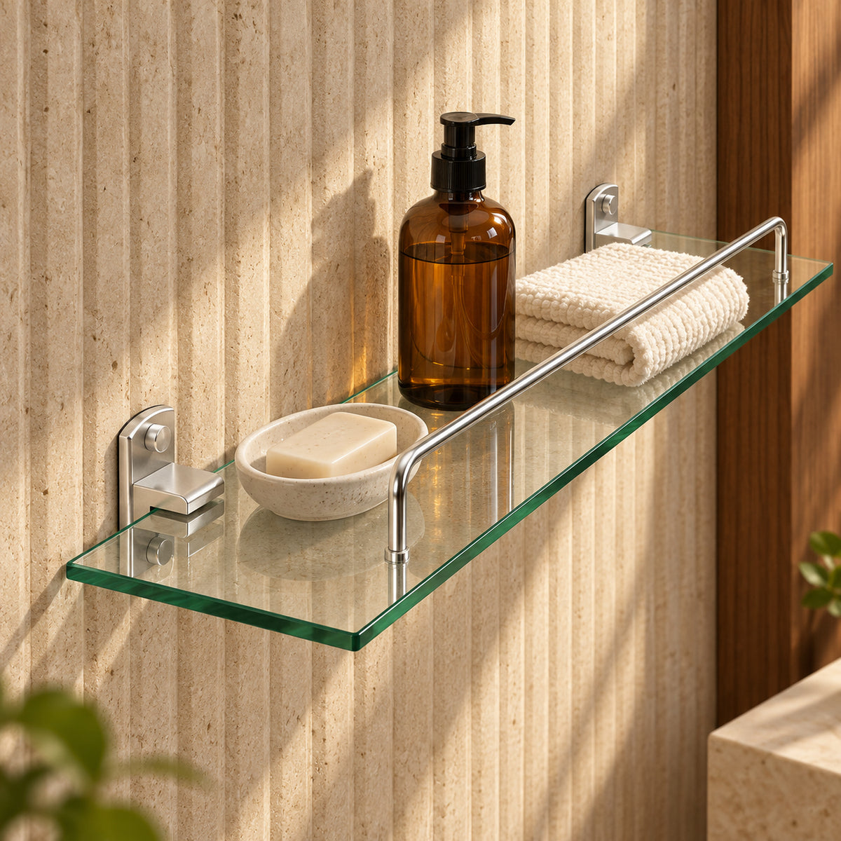Repisa de vidrio con soportes de aluminio plateado ambientada en baño, vista cercana