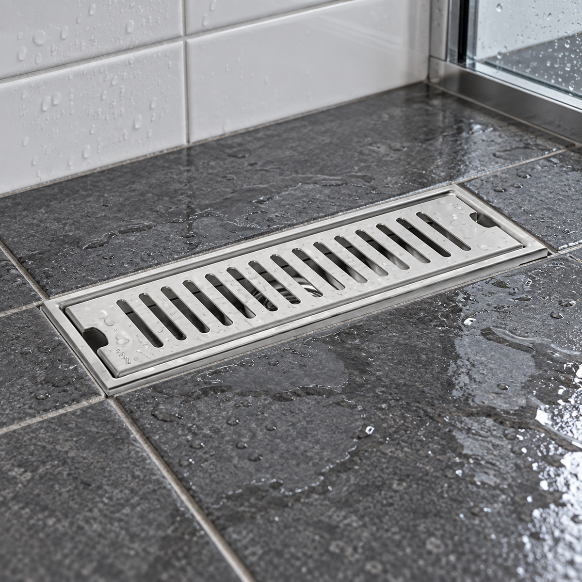 vista cercana de rejilla ranurada de piso en acero plateado de 10 por 20 centímetros instalada en piso húmedo