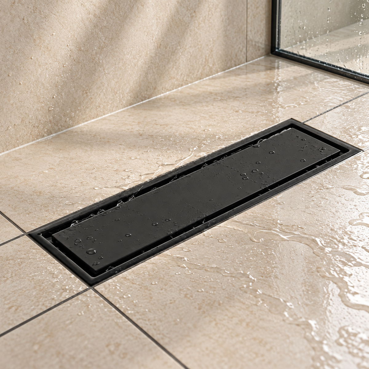 vista cercana de rejilla invisible de piso en acero negro de 10 por 30 centímetros instalada en piso húmedo