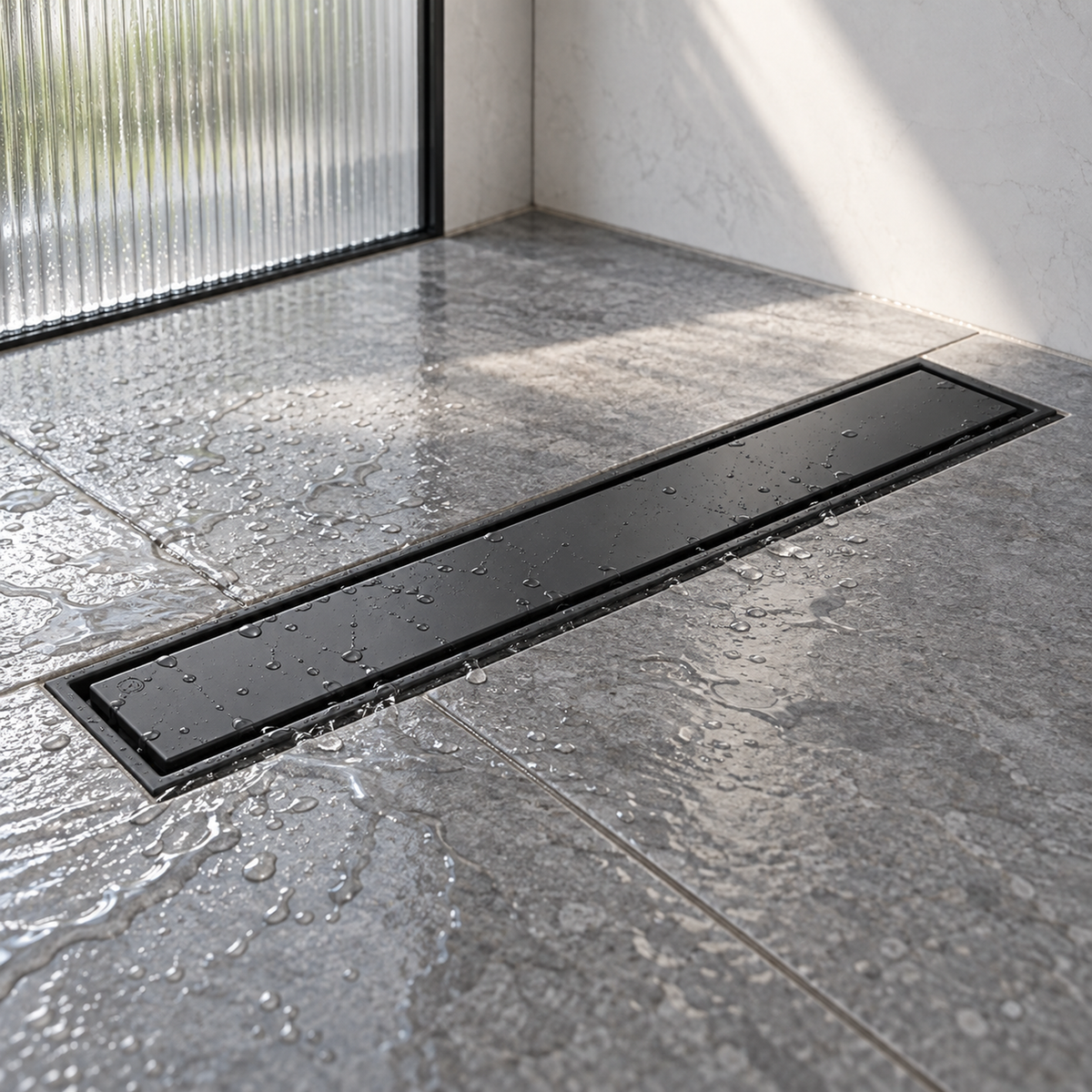 vista cercana de rejilla invisible de piso en acero negro de 10 por 50 centímetros instalada en piso húmedo