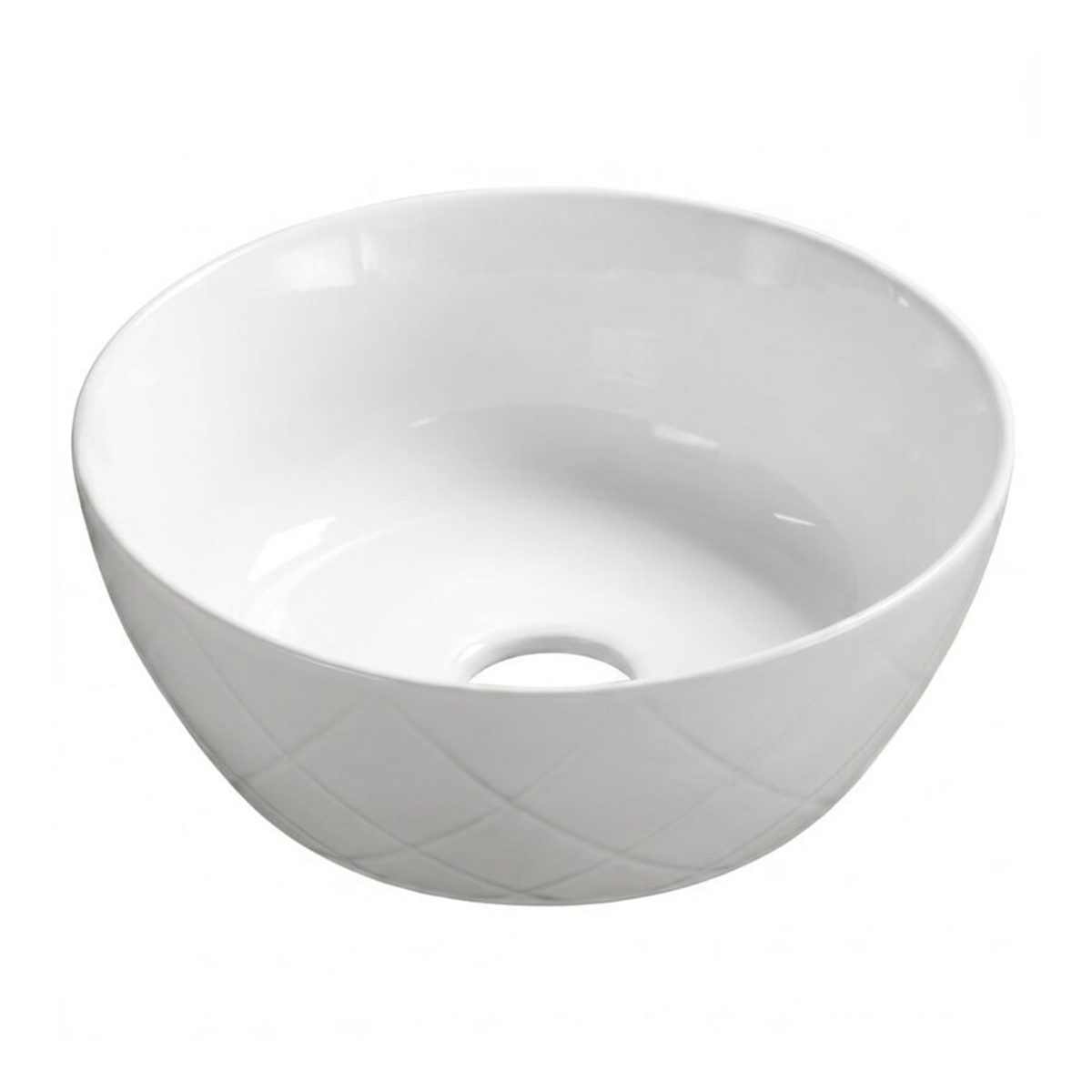 Lavamanos Argyle blanco esmaltado con relieve exterior de rombos sobre fondo blanco.