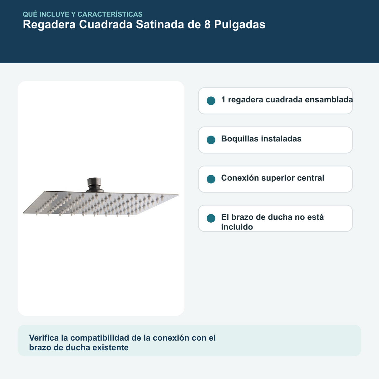 Contenido y características del regadera cuadrada satinada de 8 pulgadas