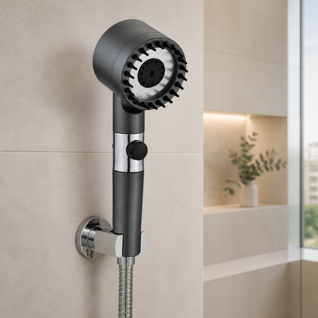 Teleducha satinada instalada en un baño moderno, con manguera visible solo como contexto de uso