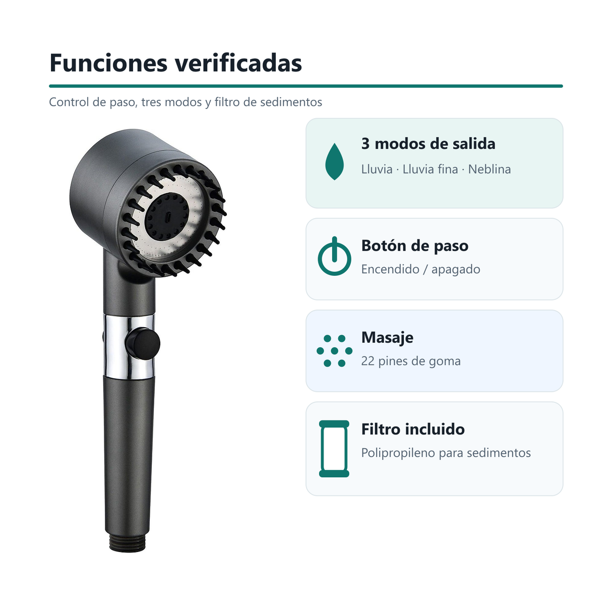 Tres modos de la teleducha, botón de encendido y apagado y filtro de sedimentos