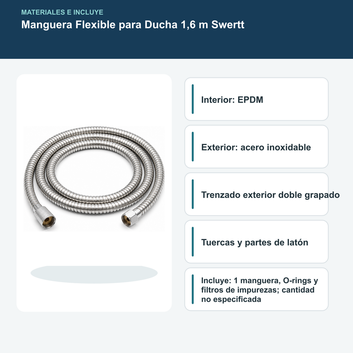 Materiales y contenido de manguera flexible de ducha Swertt