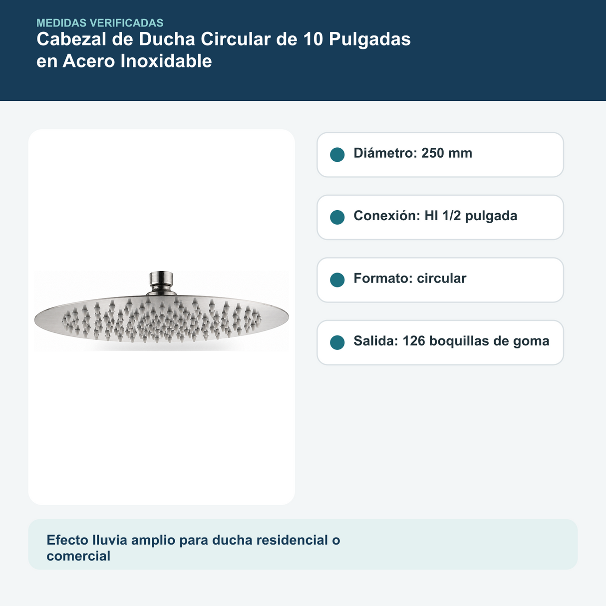 Medidas y datos verificados del cabezal de ducha circular de 10 pulgadas en acero inoxidable