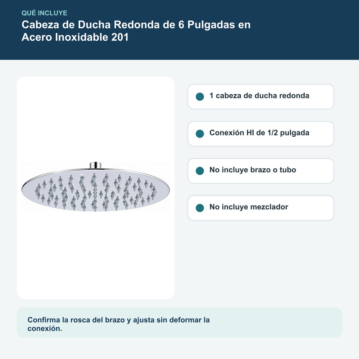 Cabeza de Ducha Redonda de 6 Pulgadas en Acero Inoxidable 201: contenido y características