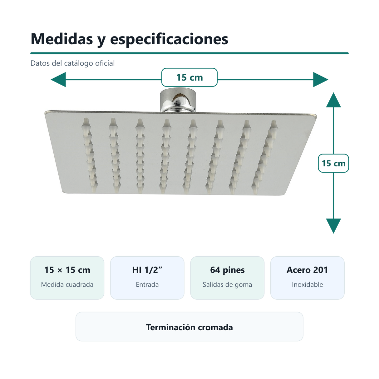 Medidas y especificaciones del cabezal cuadrado de 15 cm con entrada HI de 1/2 pulgada