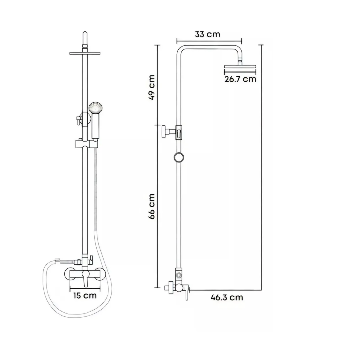 Croquis técnico de columna de ducha circular con medidas