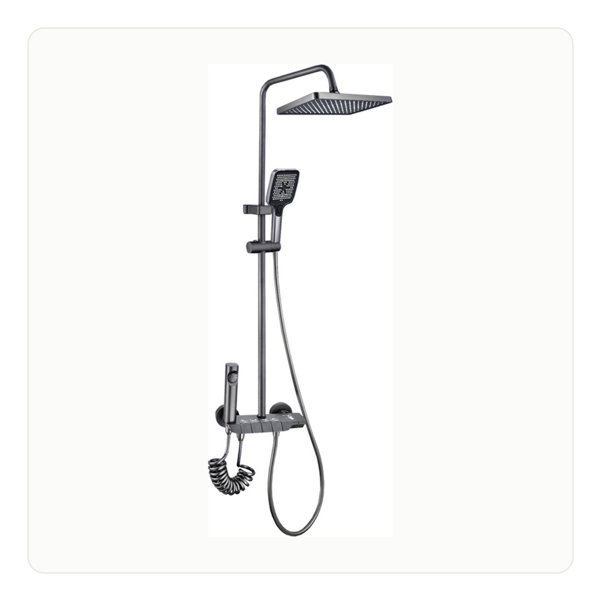 Vista completa de la columna gunmetal con teleducha y ducha higiénica