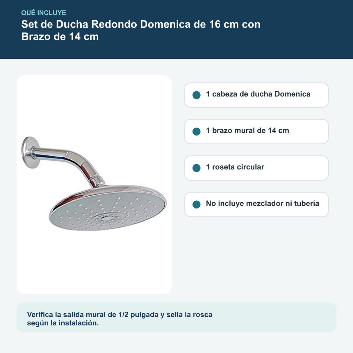 Contenido y características del set de ducha redondo domenica de 16 cm con brazo de 14 cm