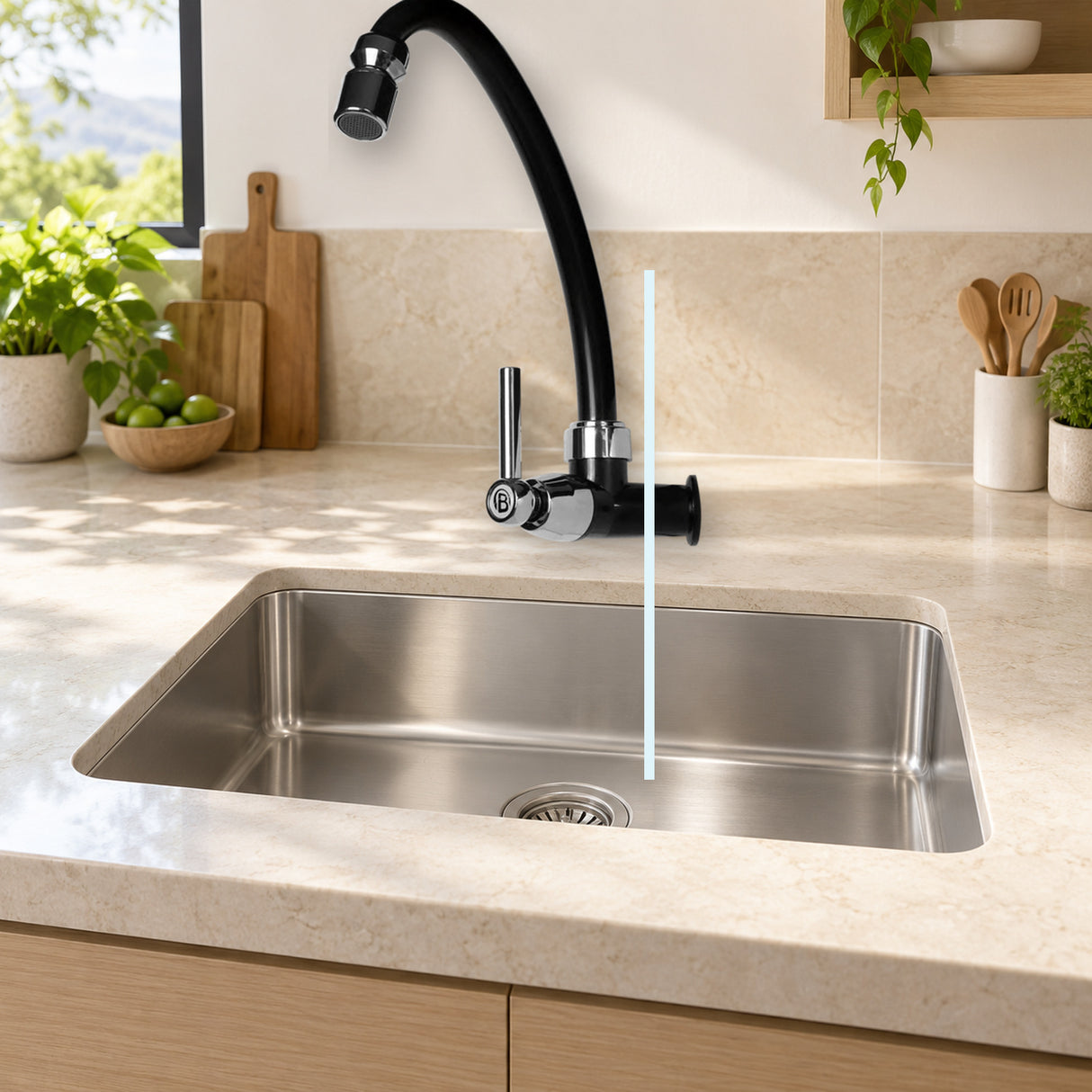 Llave sencilla de pared Onyx en ABS negro instalada en cocina clara