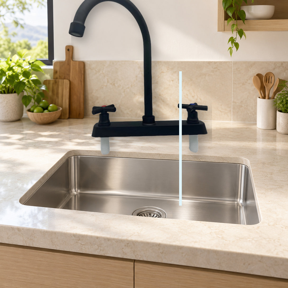 FA25022: producto instalado sobre lavaplatos con agua saliendo