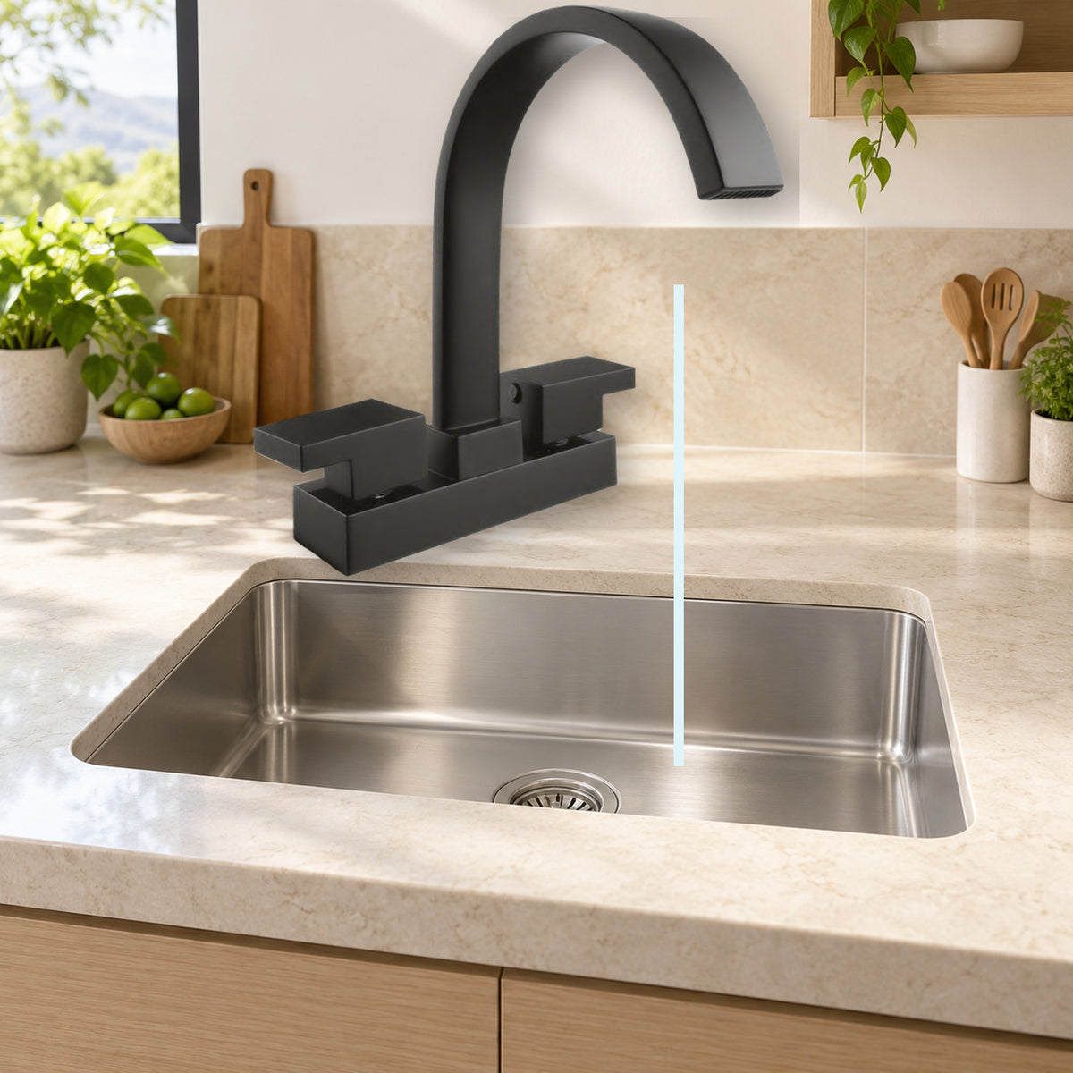 FA25032: producto instalado sobre lavaplatos con agua saliendo