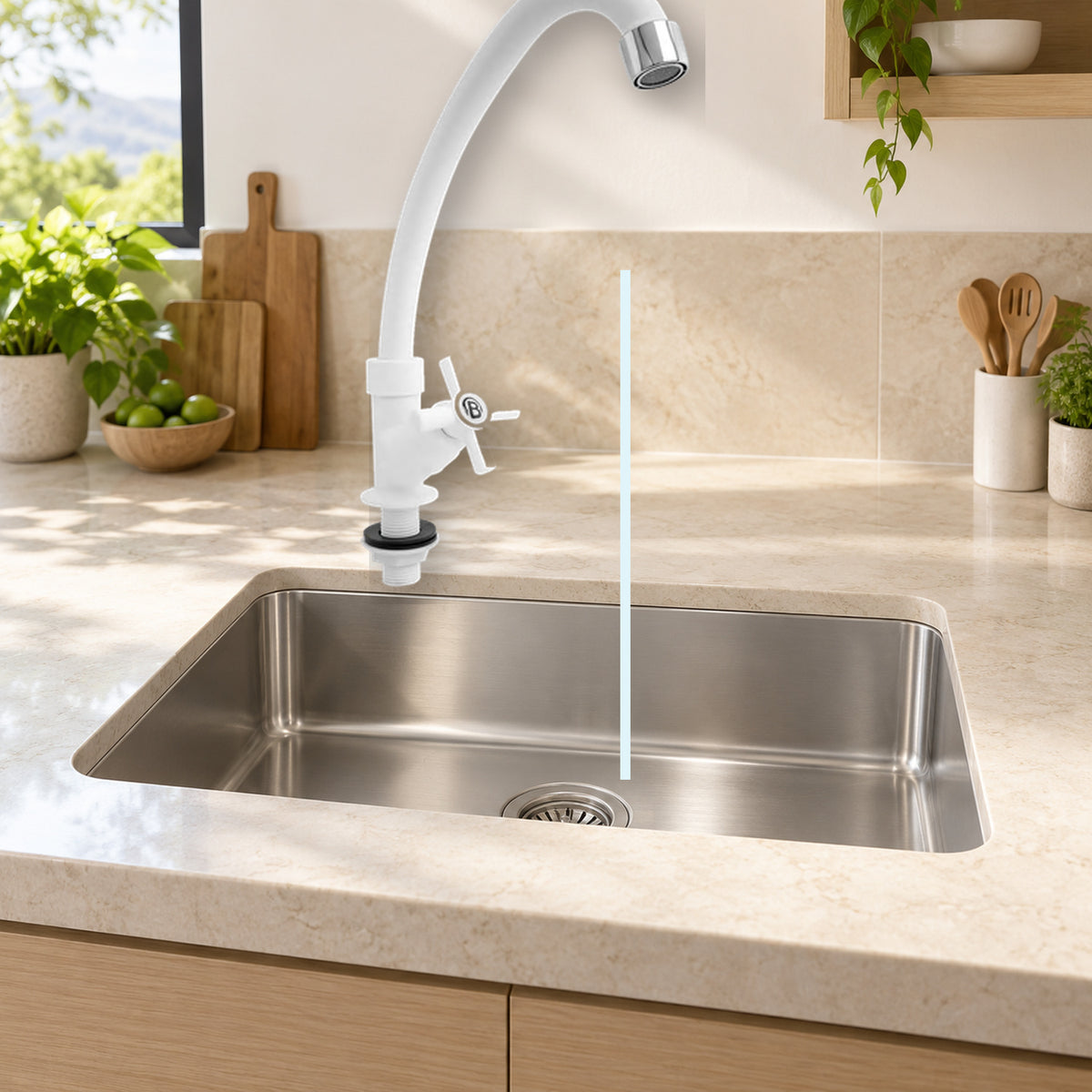 YW009: producto instalado sobre lavaplatos con agua saliendo