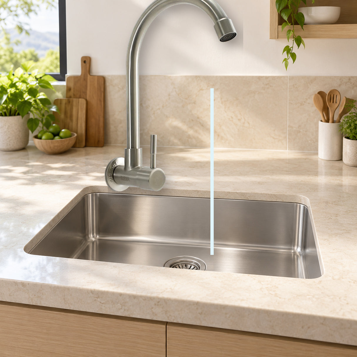YW052: producto instalado sobre lavaplatos con agua saliendo