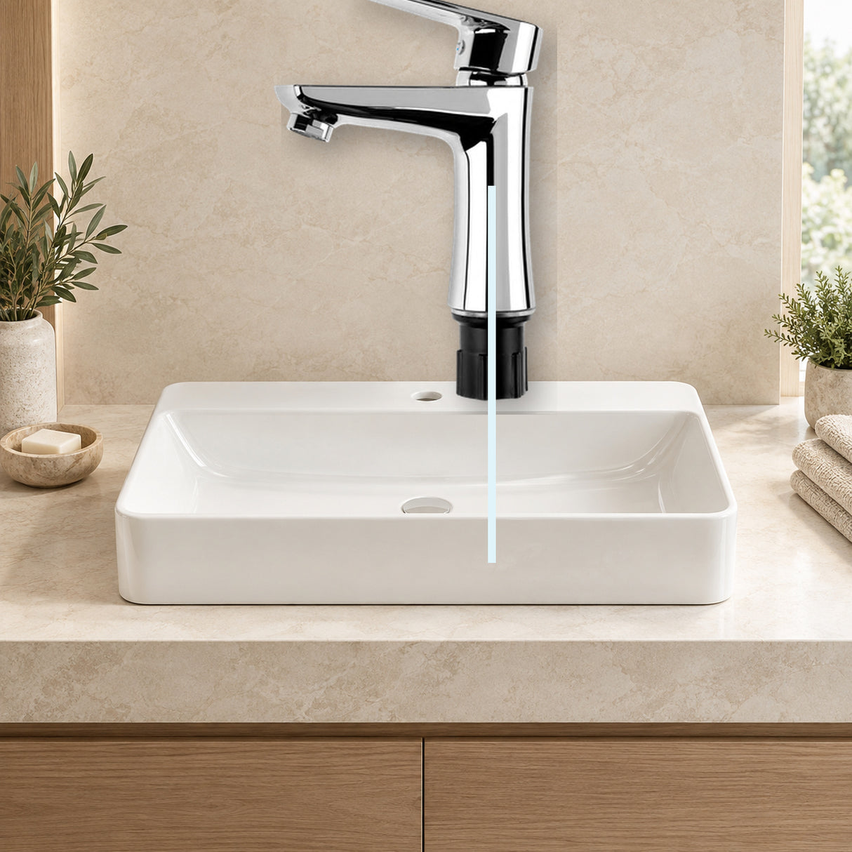 YW063: producto instalado sobre lavamanos con agua saliendo