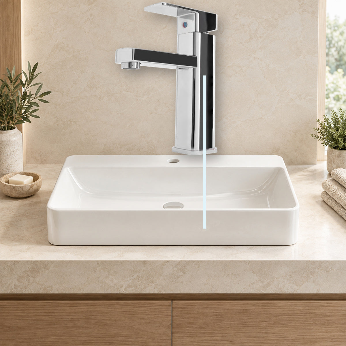YW097: producto instalado sobre lavamanos con agua saliendo