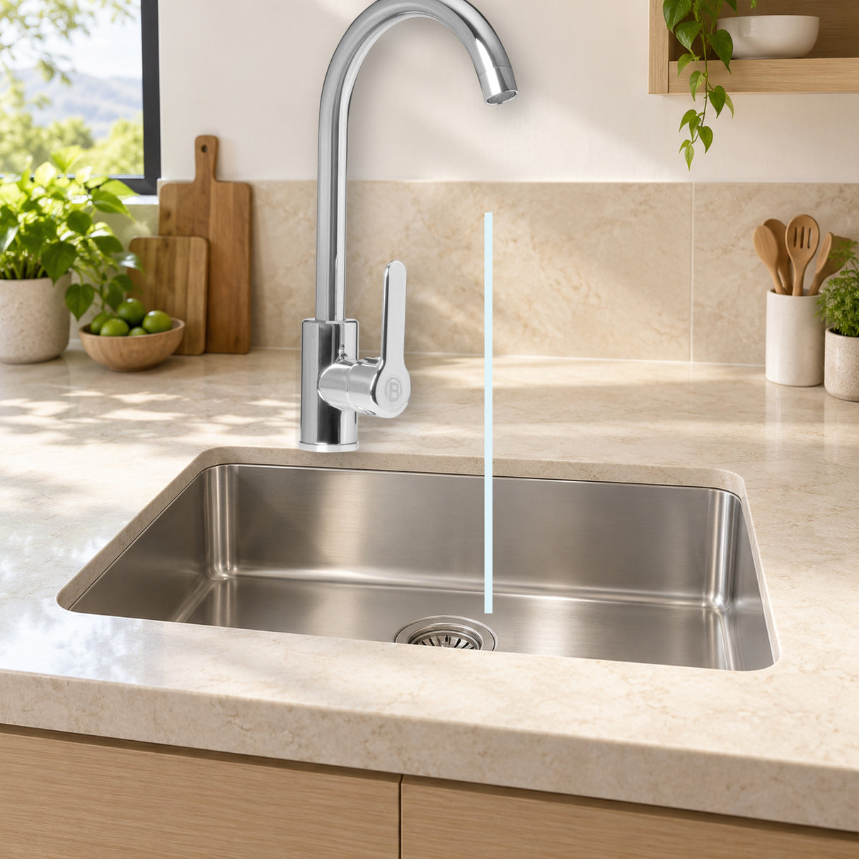 YW100: mezclador instalado sobre lavaplatos con agua saliendo