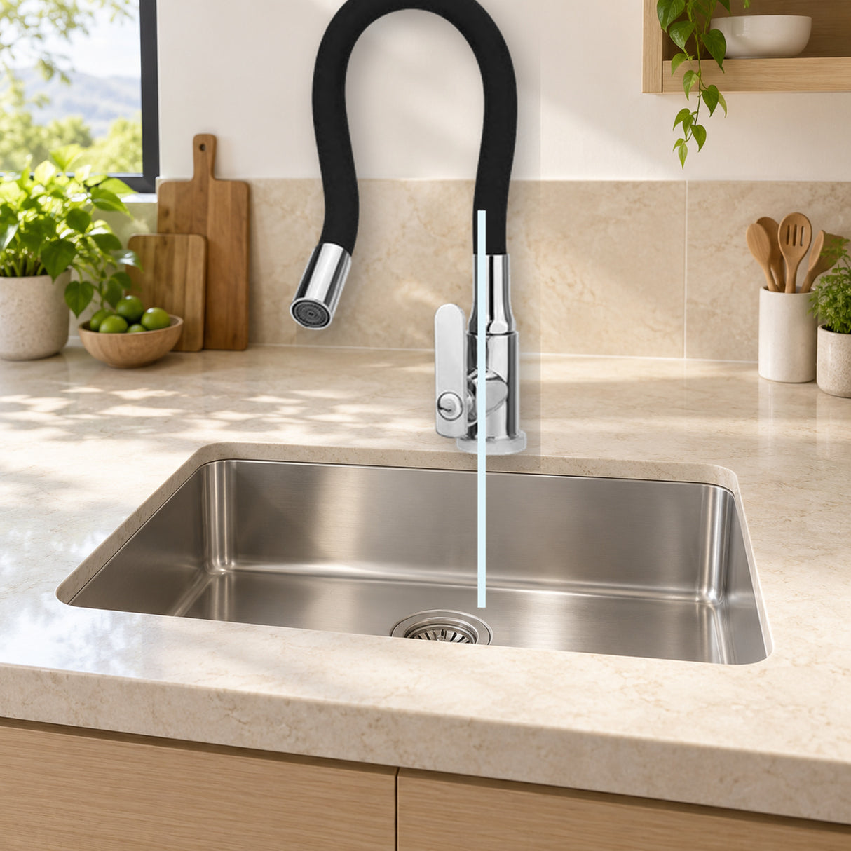 YW156-07: producto instalado sobre lavaplatos con agua saliendo